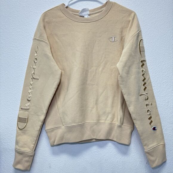 Champion Tops - Champion Reverse Weave Sweatshirt Medium Crewneck Embroidered Logo Beige Tan